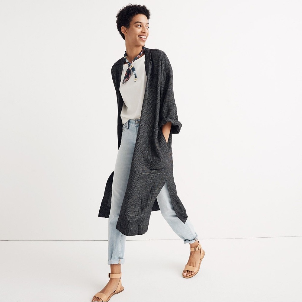Madewell Long Robe Jacket in Grid Pattern Open Front Pockets Linen Small